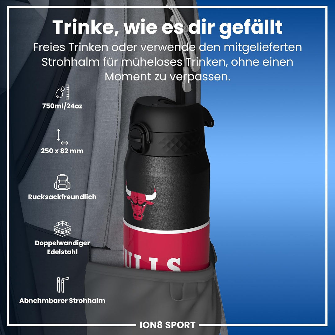 ion8 NBA Chicago Bulls Trinkflasche Mit Herausnehmbarem Strohhalm, 750ml/24oz, Auslaufsichere Isolie