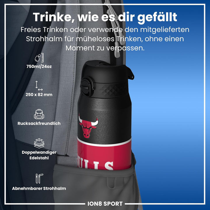 ion8 NBA Chicago Bulls Trinkflasche Mit Herausnehmbarem Strohhalm, 750ml/24oz, Auslaufsichere Isolie