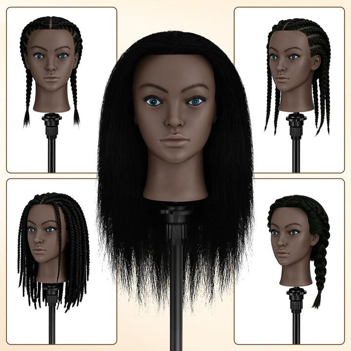 TwoWin 18 Zoll /45 cm Afro Trainingsköpfe für Friseure, Frisierkopf mit 100% Echthaar, Übungskopf Af