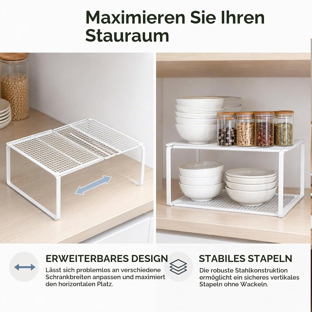 Erweiterbares Schrankregal Weiss, Stapelbares Organizer Regal mit Metalltrennwänden und Ausziehböden