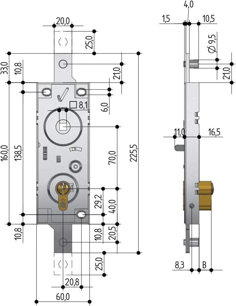 PREFER Schwingschloss/Garagenschloss, Euro-Profilzylinder, 70 mm, Griff aus verrücktem Stahl