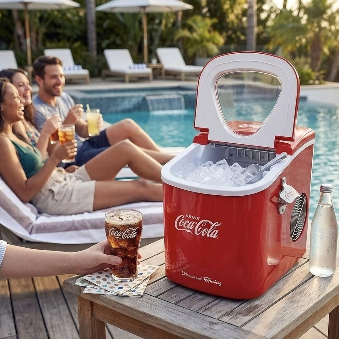 Salco Coca-Cola Eiswürfelmaschine SEB-14CC, Rot, Eiswürfel in 8-13 Minuten, mit Flaschenöffner