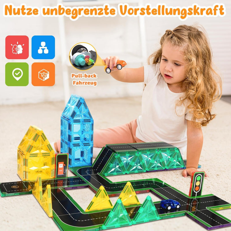 Lovchil 72 Teile Magnetische Bausteine Strassenset mit Autos, Strassenaufsatz-Set Magnetische Fliese