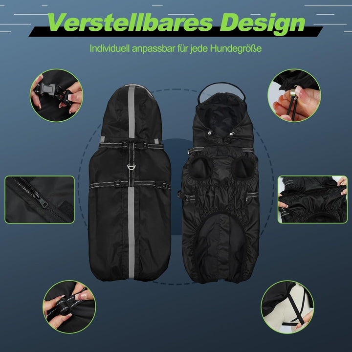 Hunderegenmantel wasserdicht, Regenjacke mit reflektierenden Streifen, H-Brustgeschirr (D-Ring) & Ab