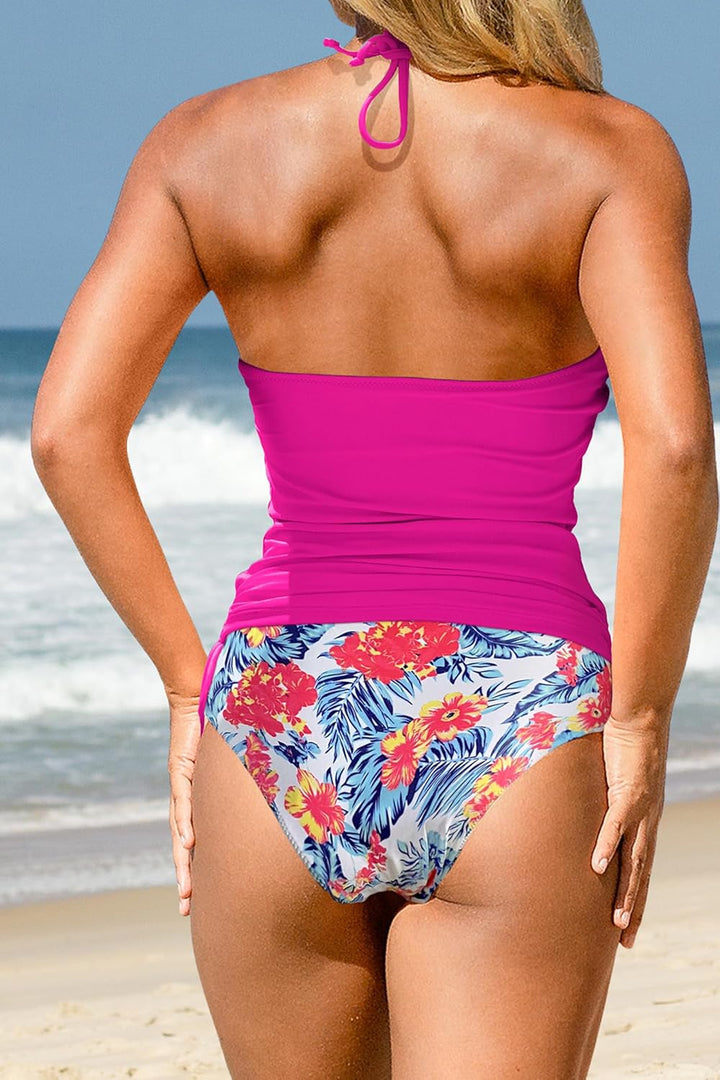 Beachsissi Damen Zweiteiler Badeanzüge Gepolsterter Kordelzug Seitliche Bademode Neckholder Leopard