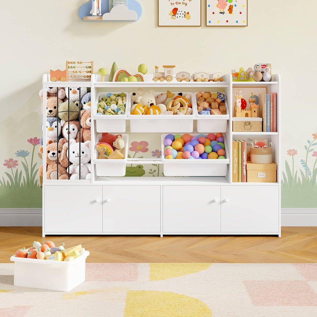 FOREHILL 137cm Breit Kinderregal, Kuscheltier Aufbewahrung, Bücherregal Kinder mit 6 Spielzeugkisten