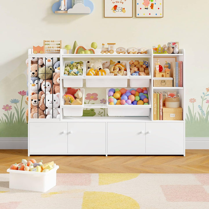 FOREHILL 137cm Breit Kinderregal, Kuscheltier Aufbewahrung, Bücherregal Kinder mit 6 Spielzeugkisten