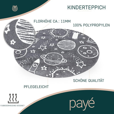 payé Teppich Kinderzimmer - Grau - 160x160cm - Galaxy Unviersum Weltall Stern Rakete Spielteppich Ki