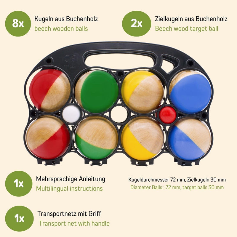 GICO Boccia Spiel aus Massivholz, 8 Kugeln, Durchmesser 7 cm -Made in EU- 3011