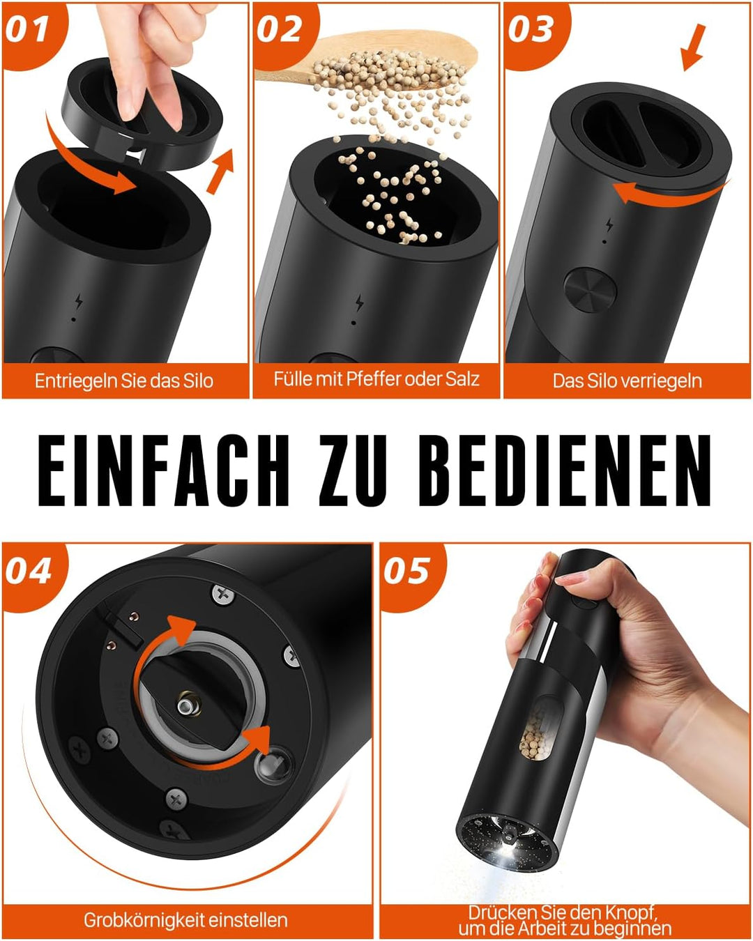 Homtronic Elektrische Salz und Pfeffermühlen 2er Set, Gewürzmühlenset Elektrische mit Wiederaufladba
