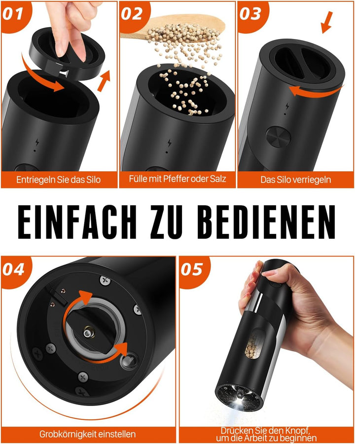 Homtronic Elektrische Salz und Pfeffermühlen 2er Set, Gewürzmühlenset Elektrische mit Wiederaufladba