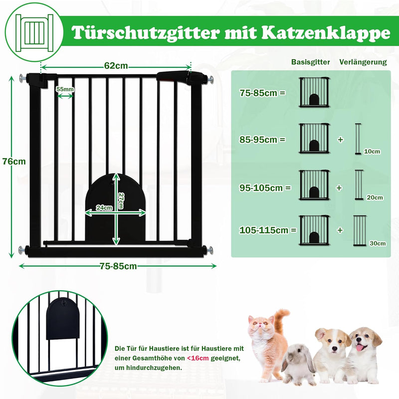 SUBTLETY Türschutzgitter mit Katzenklappe Auto Schliessen Treppenschutzgitter Ohne Bohren Hundegitte