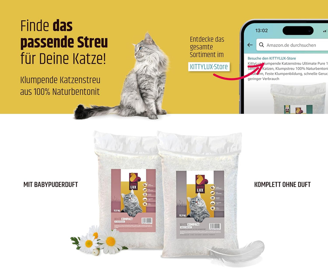KittyLux klumpende Katzenstreu White Compact 12,5kg mit Babypuderduft für Sensible Katzen, Klumpstre