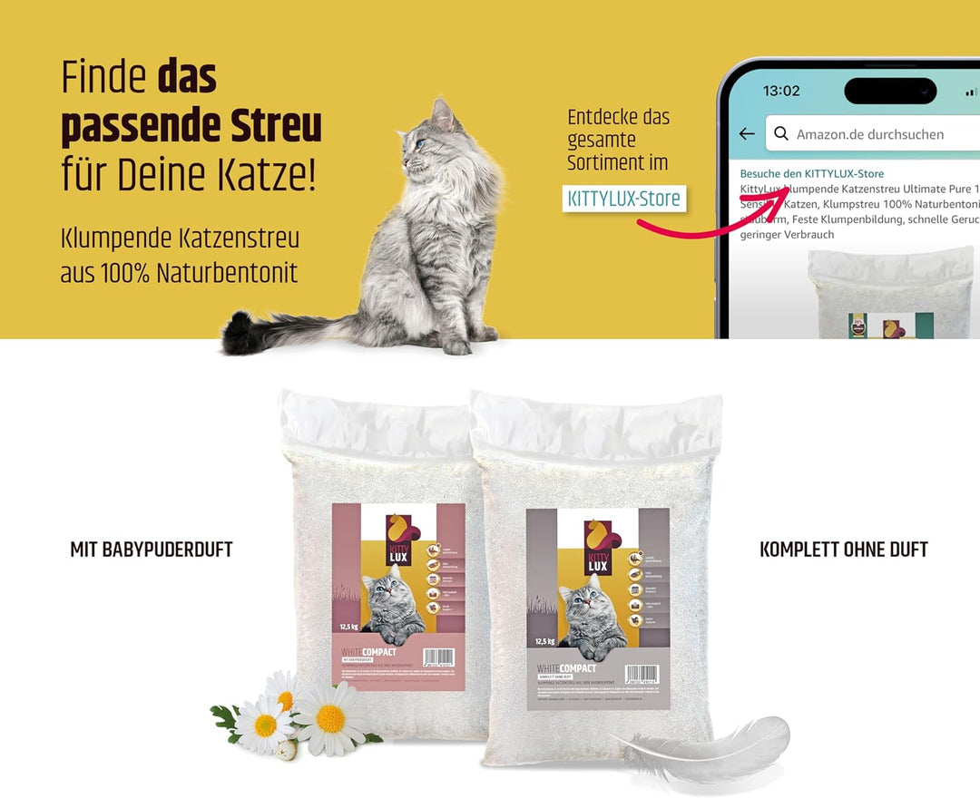 klumpende Katzenstreu White Compact 4x12,5kg ohne Duft für Sensible, anspruchsvolle Katzen, Klumpstr