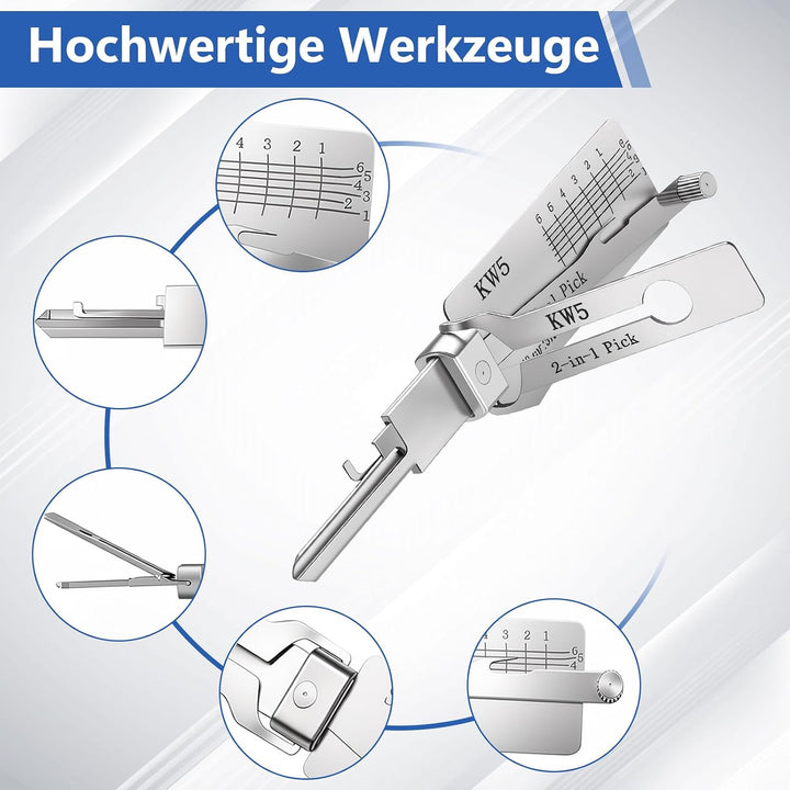 KW5 Dietrich-Set 2-in-1 – Edelstahl-Schlüsseldecoder & Dietrichwerkzeug für S-Rillenschlösser, kompa