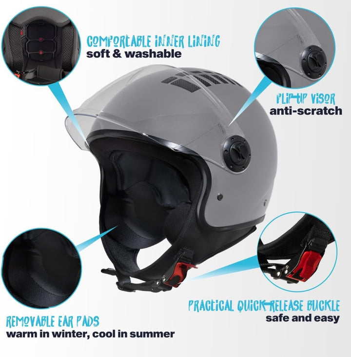VINZ Como Jethelm mit Visier ECE 22.06 Zertifiziert | Roller Helm Mopedhelm Ideal Für Motoroller & V