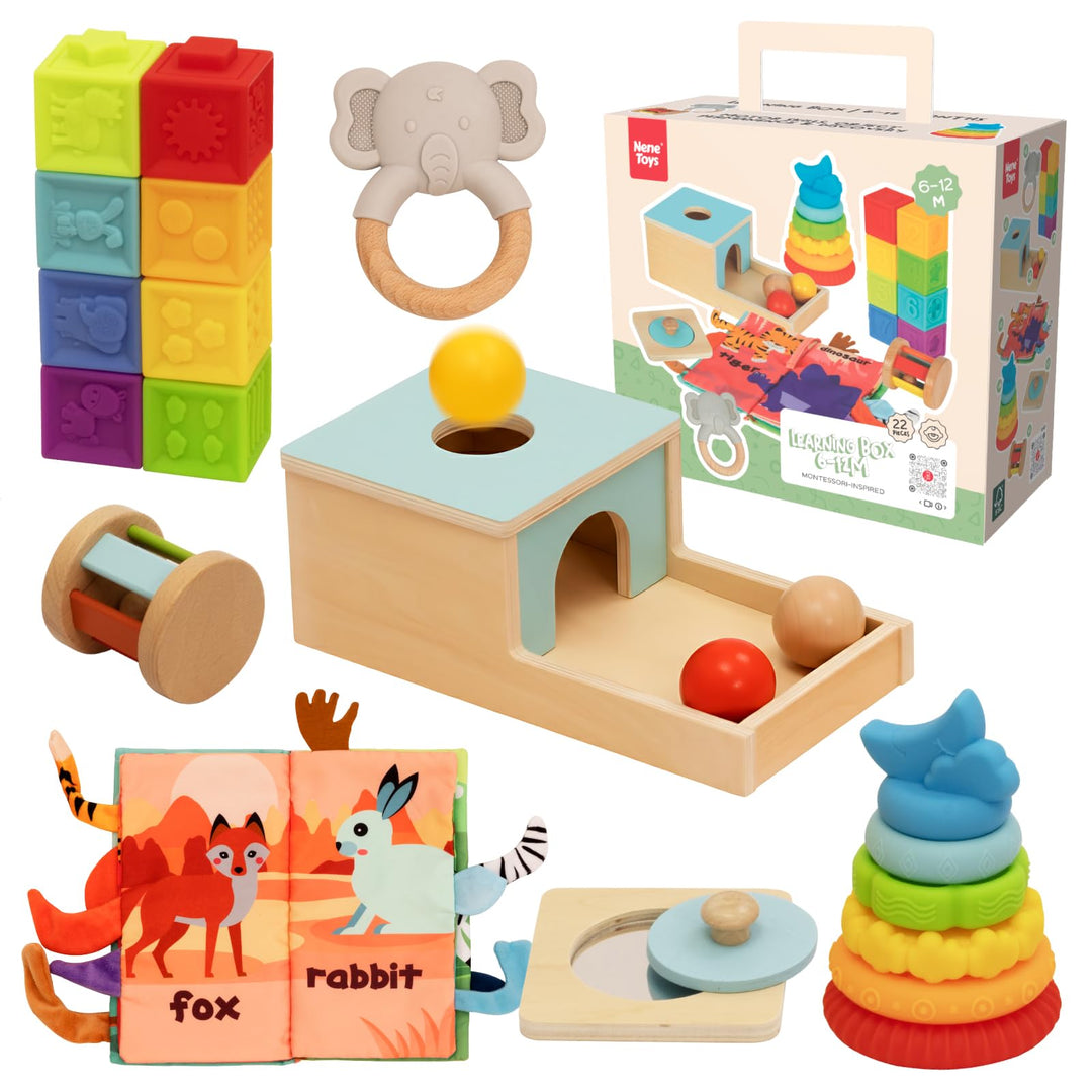 Nene Toys Montessori Baby Spielzeug ab 6 Monate – Holz Lernspielzeug für Babys – Objektpermanenz Box