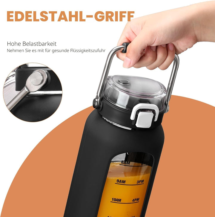 BLUEGO 2000ml Glaswasserflasche mit Edelstahlgriff und Zeitmarkierung 2L Trinkflasche Borosilikatgla