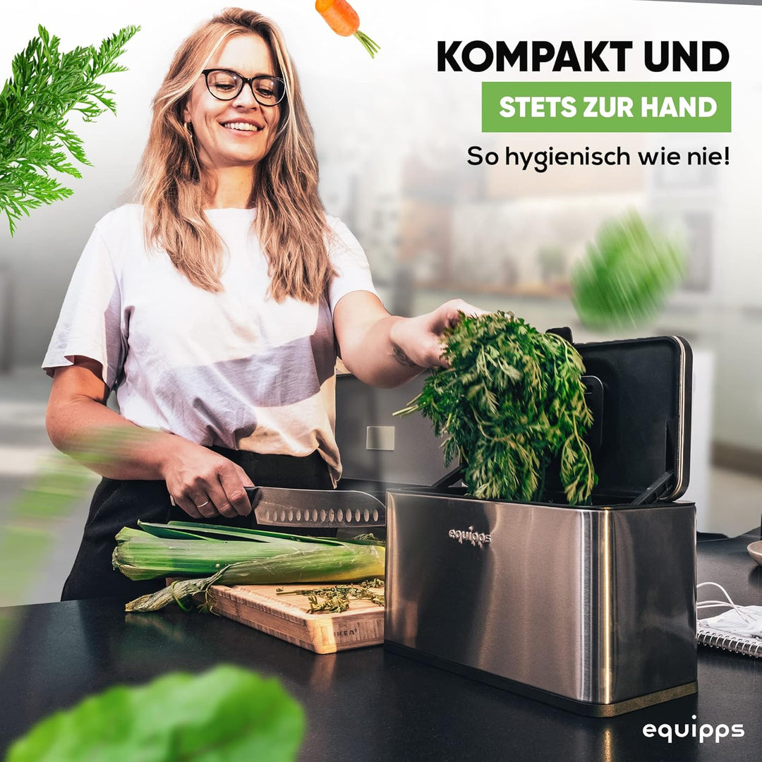 equipps Bio Mülleimer 3L Silber | Komposteimer Küche für Bio Müll & Co | Mülleimer mit Geruchsfilter
