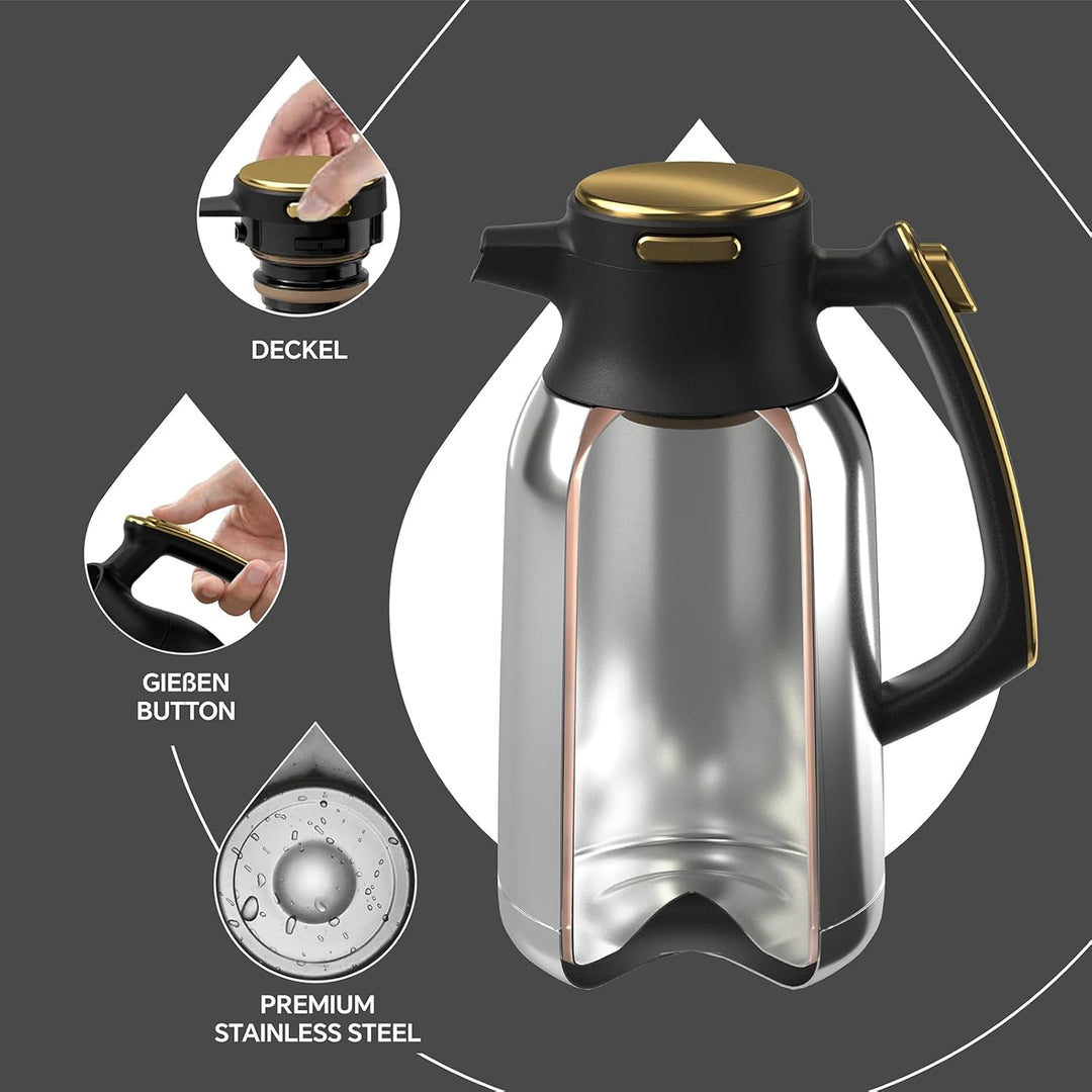 IDEUS® Thermoskanne 2l, Edelstahl Doppelwandige Kaffeekanne Vakuumisolierung Isolierkanne Warmhaltek