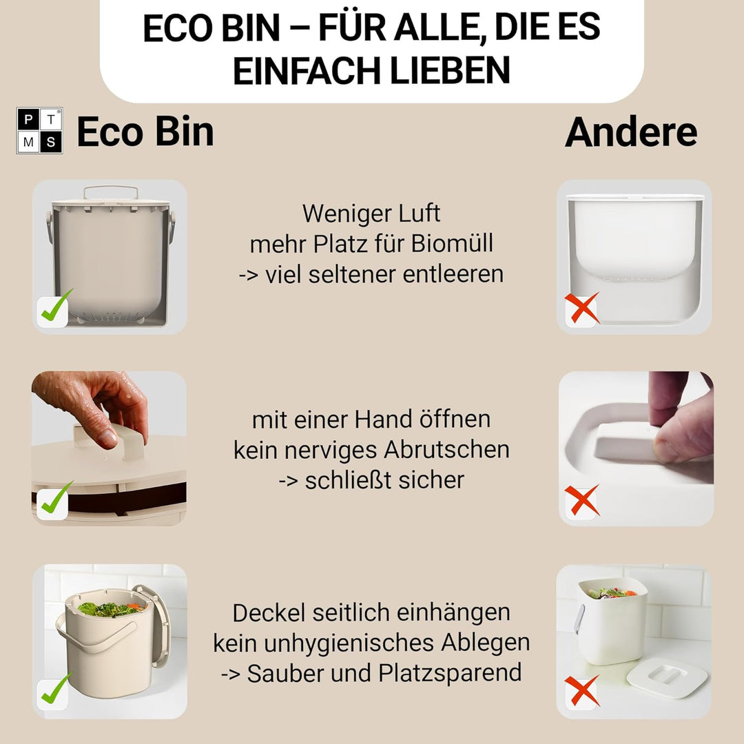 PTMS® Biomülleimer Küche 6L - Biomüll mit praktischem Deckel zum Einhängen & Innensieb - Spülmaschin