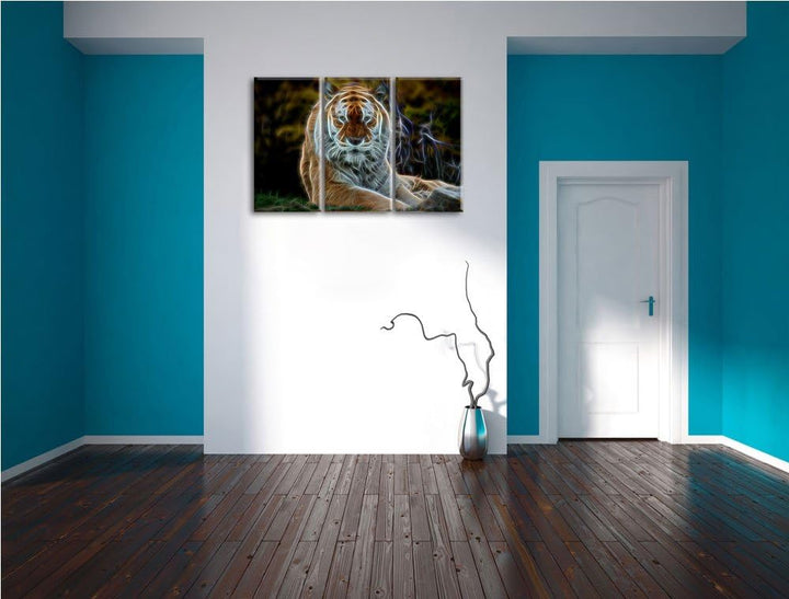 Dark schöner Tiger auf Wiese NewArt 3-Teiler Leinwandbild 120x80 Bild auf Leinwand, XXL riesige Bild