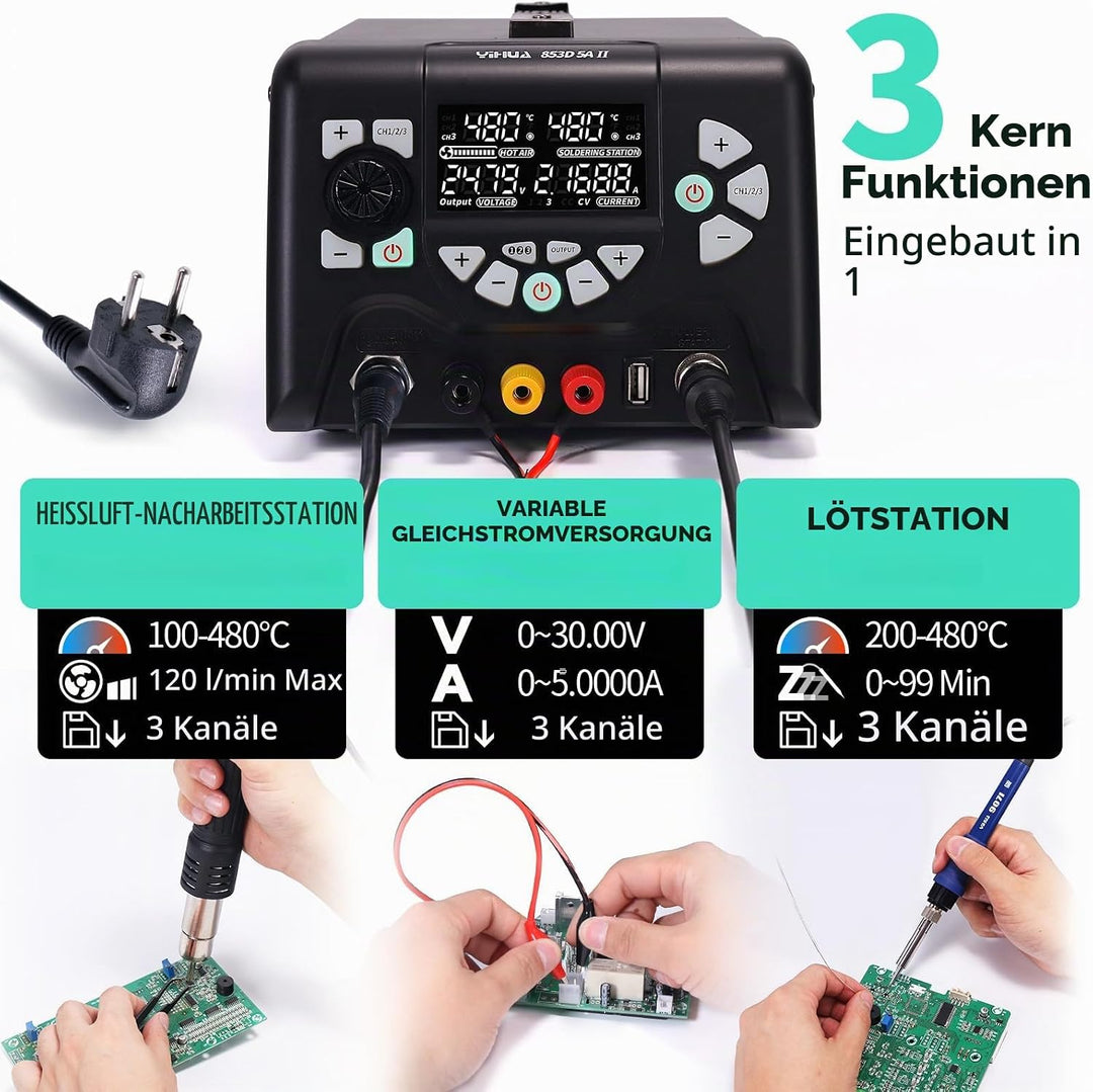 YIHUA 853D 5A-II Lötstation Heissluft Variable DC-Stromversorgung 3-IN-1 0-30.00V 0-5.0000A einstell