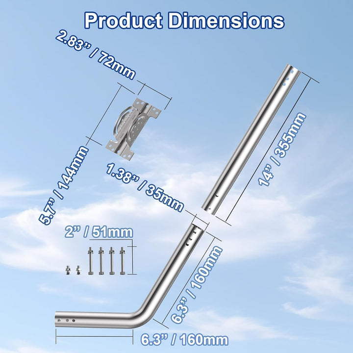 Antennenstange, Kabelmast J-Tube aus rostfreiem Edelstahl (Stab 3,5 cm x 60 cm) geeignet für Install