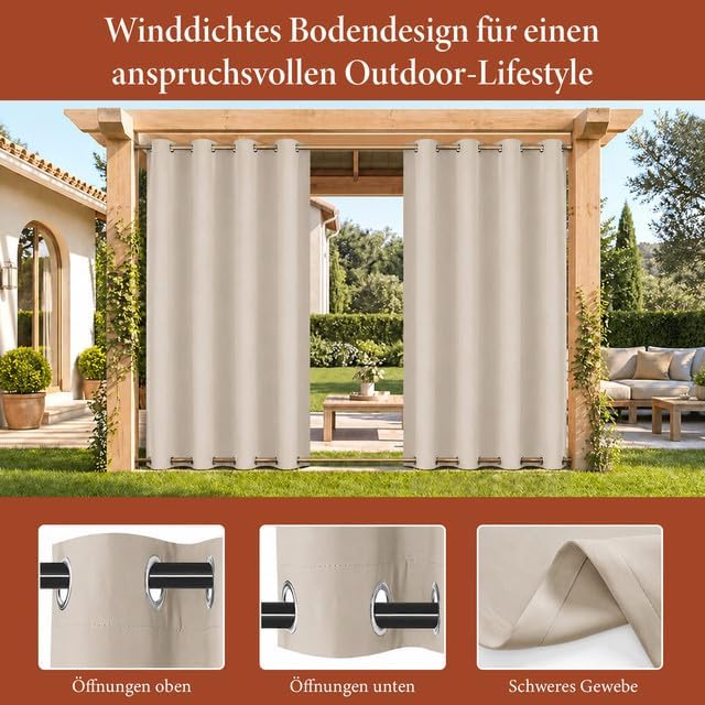 Rosnek Outdoor Vorhang Wetterfest Winddicht, Balkon Gardinen mit Ösen Oben & Unten, Blickdicht Wasse
