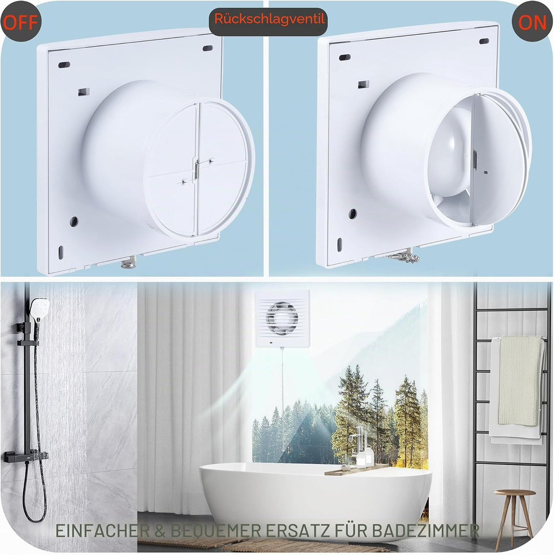 100mm Abluftventilator Badlüfter Lüfter Abluft Wandventilator mit Zugkettenschalter, Ruckstauklappe,