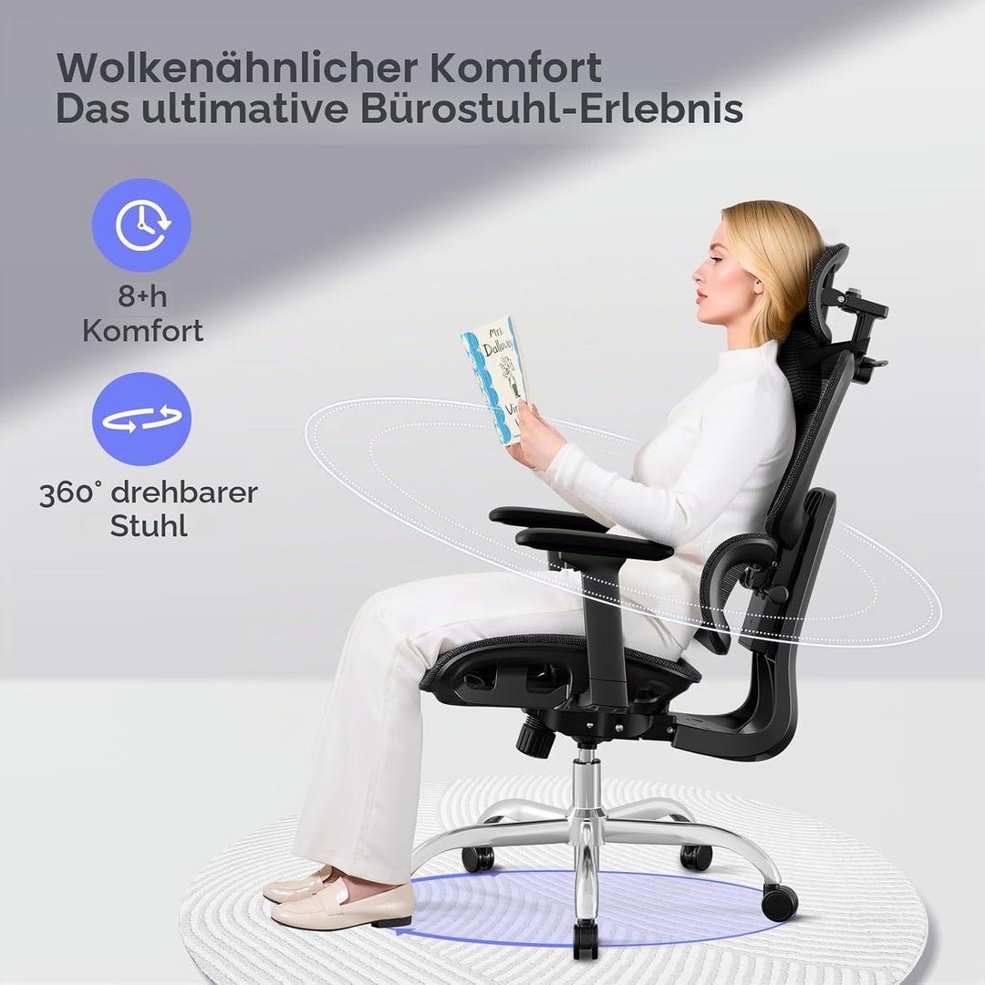 Ergonomischer Bürostuhl Schreibtischstuhl, Netzstoff Drehstuhl mit 2D-Lendenwirbelstütze &amp; 3D-Kopfst