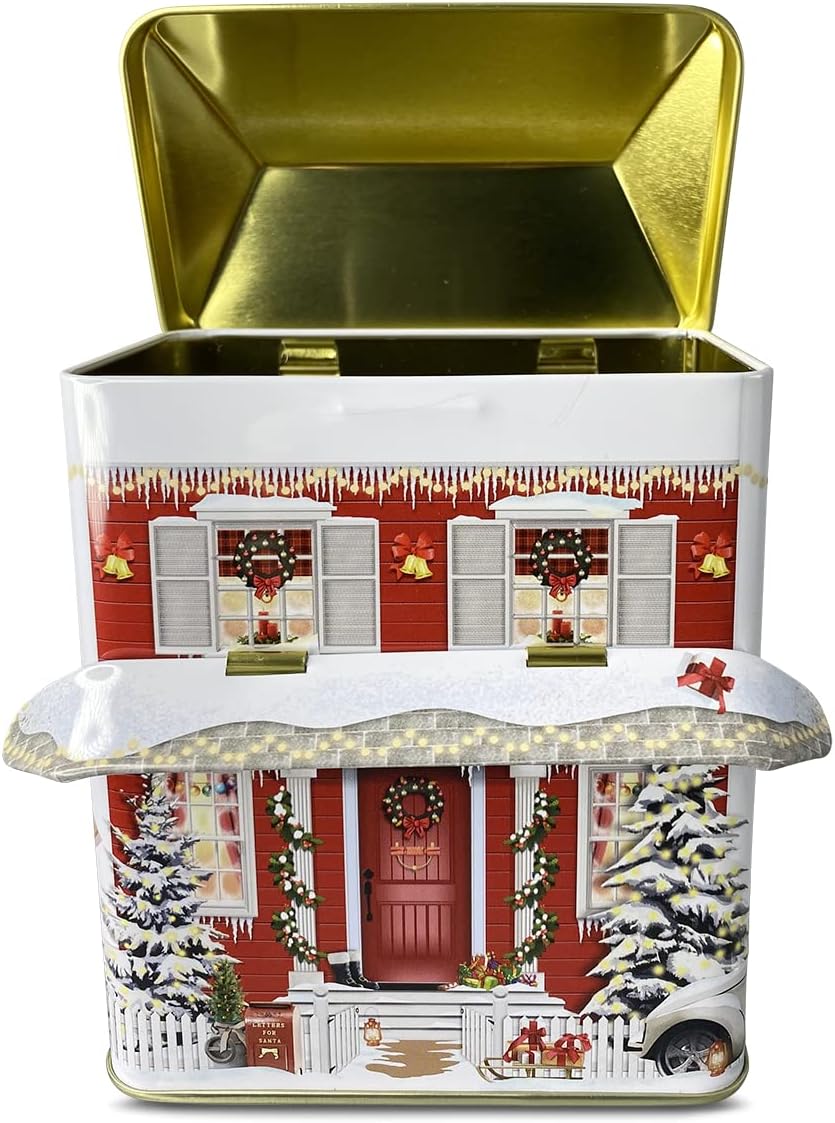 MediMuc Kleines Haus mit Vordach Winter - Keksdose, Blechdose - lebensmittelecht - Vol. 1,0l - Masse
