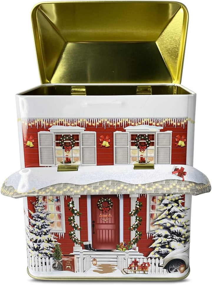 MediMuc Kleines Haus mit Vordach Winter - Keksdose, Blechdose - lebensmittelecht - Vol. 1,0l - Masse