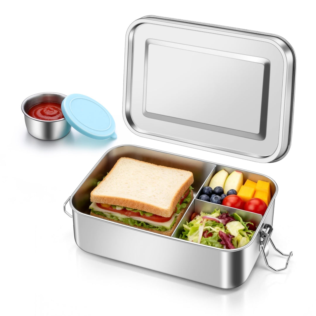 Onader Brotdose mit Fächern, 1400ML Edelstahl Bento Box mit Dressing Behälter und 1pc Abnehmbar Tren