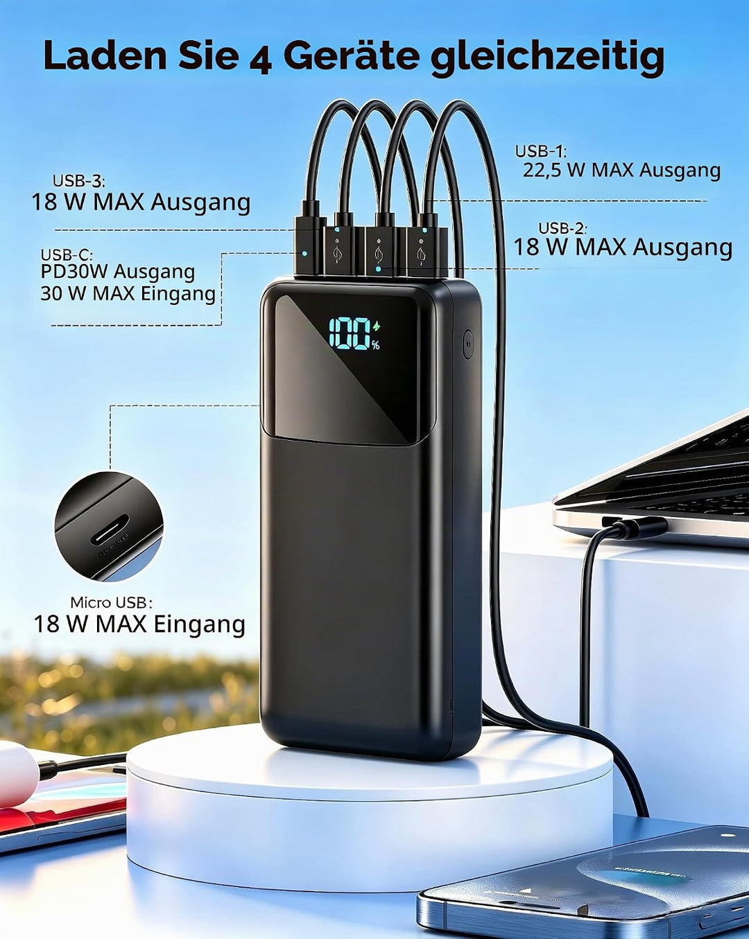 50000mAh Tragbare Powerbank, USB-C PD 30W Schnellladefunktion | 5-Port Externer Akkupack für Outdoor