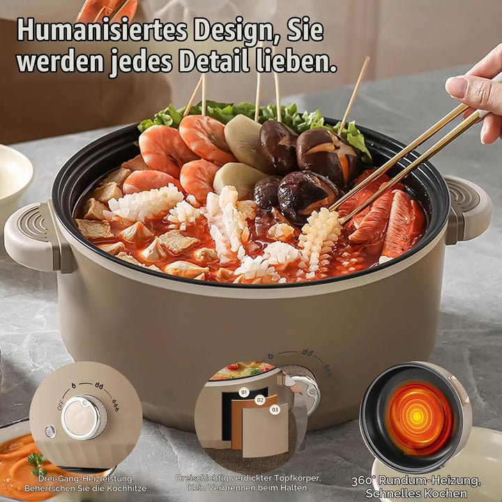 Hot Pot Elektrisch mit Dampfgarer, 4.6 L Tragbar Elektrischer Kochtopf 1000W, Multifunktionaler Hotp
