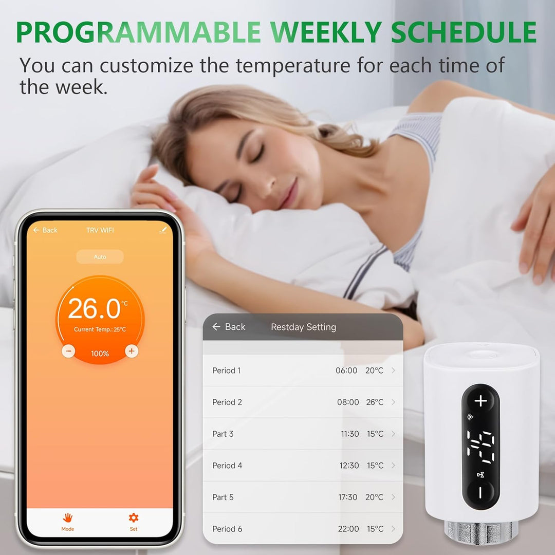 Wengart WiFi Heizkörperthermostat WG360, 2,4 GHz Tuya APP Heizkörperventil, programmierbares TRV zur