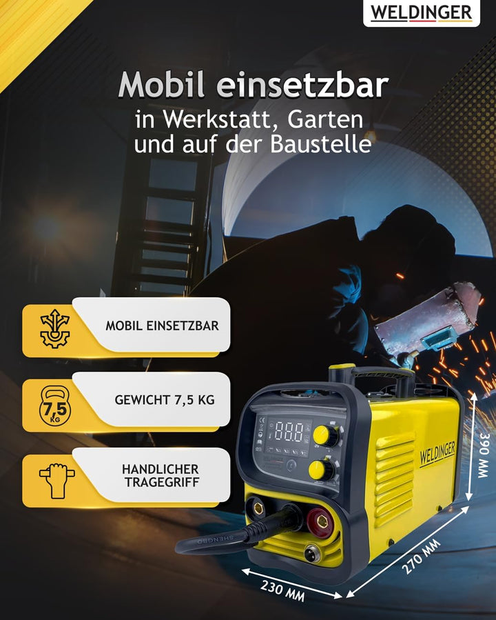 WELDINGER ME 130 mini Flux Fülldrahtschweissgerät + 1 kg Fülldraht + Fülldraht-Gasdüse + Stromdüsen