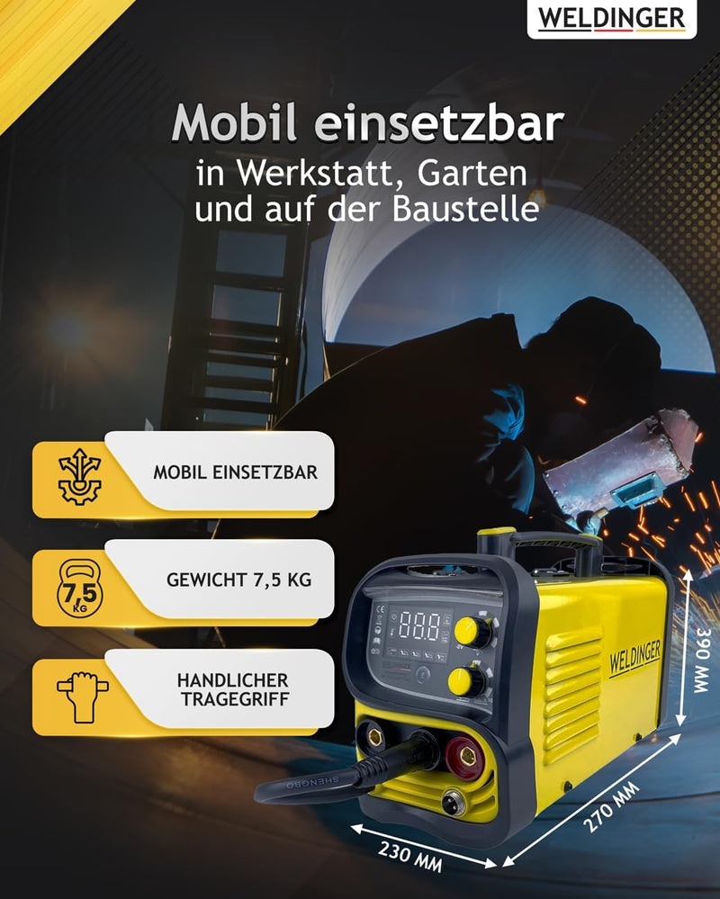 WELDINGER ME 130 mini Flux Fülldrahtschweissgerät + 1 kg Fülldraht + Fülldraht-Gasdüse + Stromdüsen