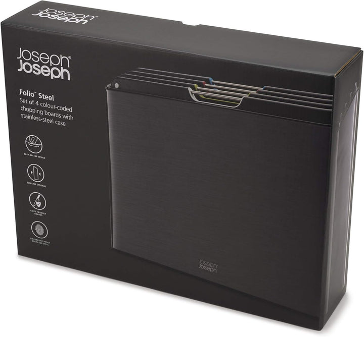 Joseph Joseph Folio Steel 4 Stück Schneidebrett-Set, farbcodierte Anti-Rutsch-Bretter mit Aufbewahru