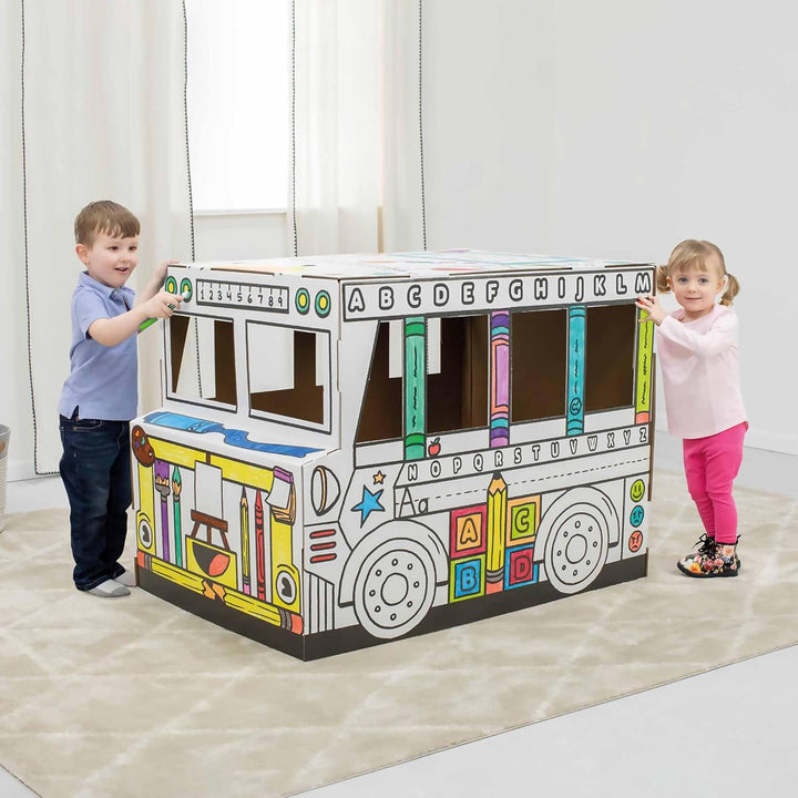 BANKERS BOX Colour-In School Bus Cardboard Playhouse für Kinder (114,3 x 78,74 x 83,82cm) - Craft Ac