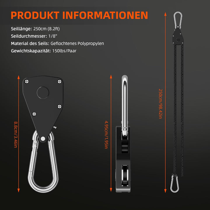 Spider Farmer 8 Stück Seilratsche mit Haken 68 KG Heavy Duty Einstellbare Ratchet Hanger für Pflanze