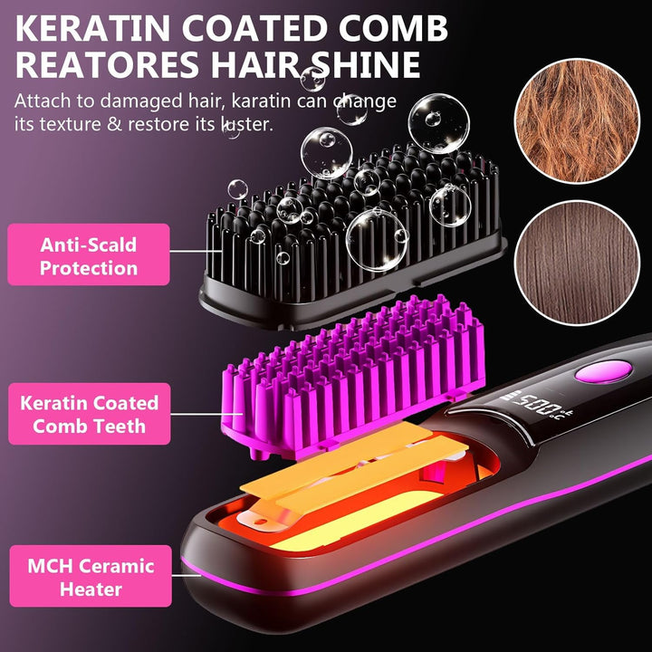 Glättbürste Kabellos, Stylingbürste für Kurze Haare, Glättbürste mit LED-Anzeige, Stylingbürste 3 Te