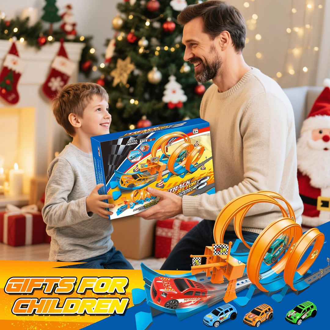 Ulikey Autorennbahn Kinder, Spielzeugauto Trackset mit Licht und Sound, Auto Rennbahn Spielzeug mit