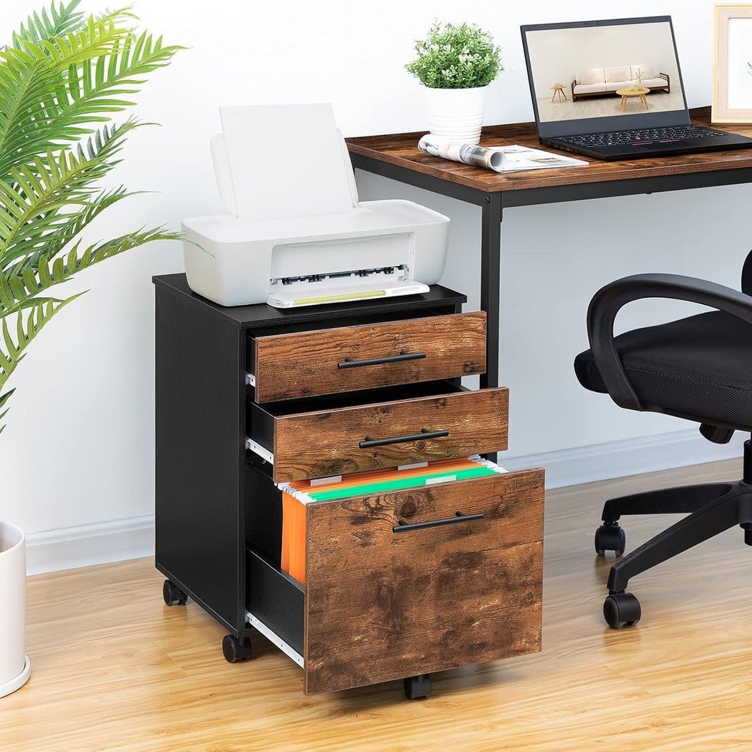 Rollcontainer mit 3 Schubladen, Aktenschrank auf Rollen für Büro & Home Office (Rustik Braun), Rusti