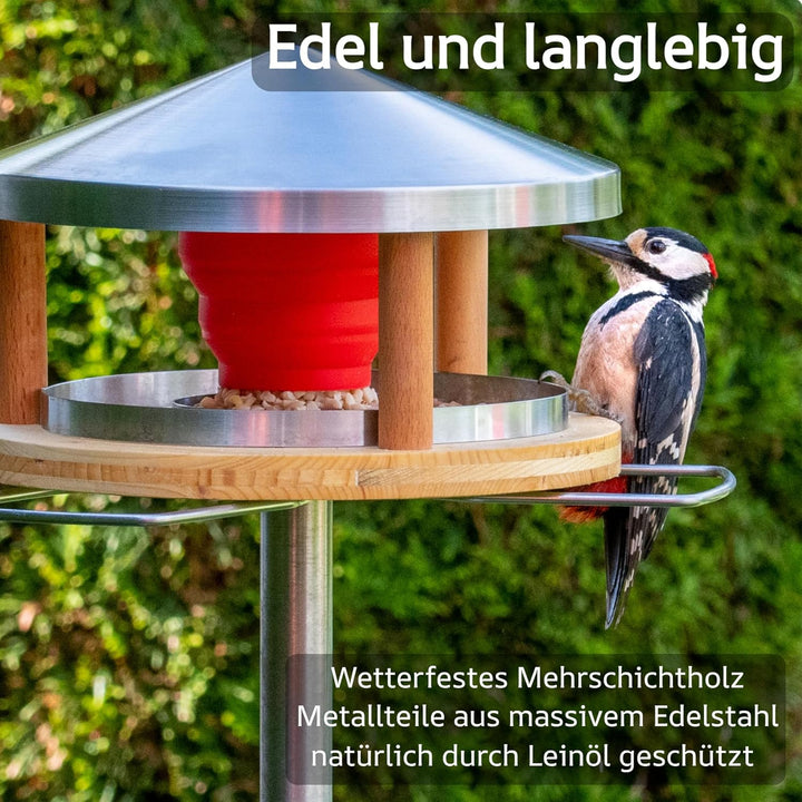 Vogelhaus mit Ständer wetterfest aus Edelstahl - Stabiles Vogelfutterhaus für draussen, modern aus M