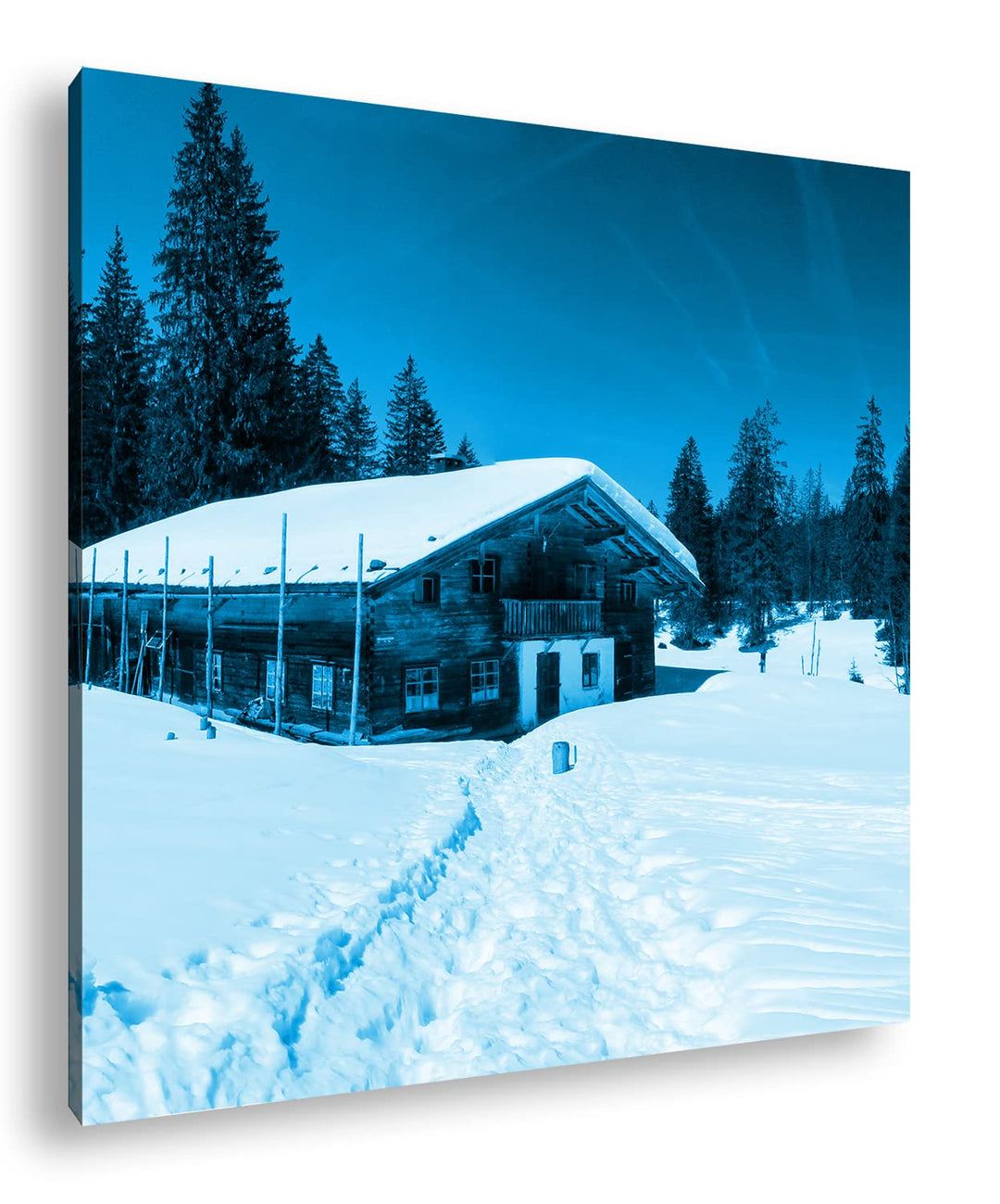 deyoli Skihütte im Winter Format: 70x70 Effekt: Monocrome Blau als Leinwandbild, Motiv fertig gerahm