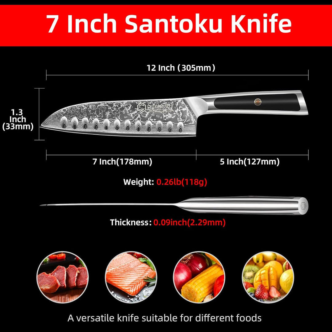 Sunnecko 18cm Damastmesser Kochmesser Küchenmesser - Santoku Messer Damast Scharfes Messer mit Ergon