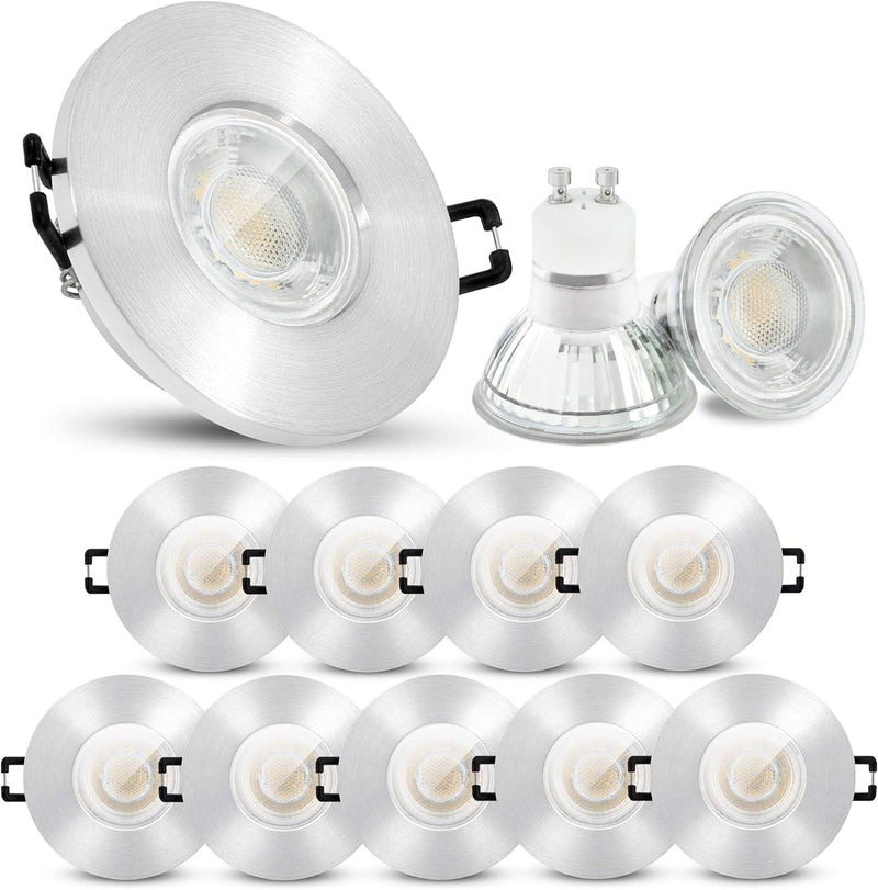 linovum 10er Set ISASO Bad Einbauspots LED in Alu silber gebürstet IP65 - mit LED GU10 6W warmweiss