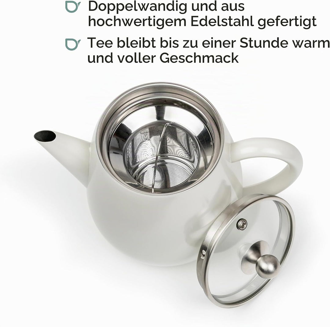 Doppelwandige Teekanne 1.1 Liter mit Filtersieb - isolierende weisse Edelstahl Kanne mit Glasdeckel